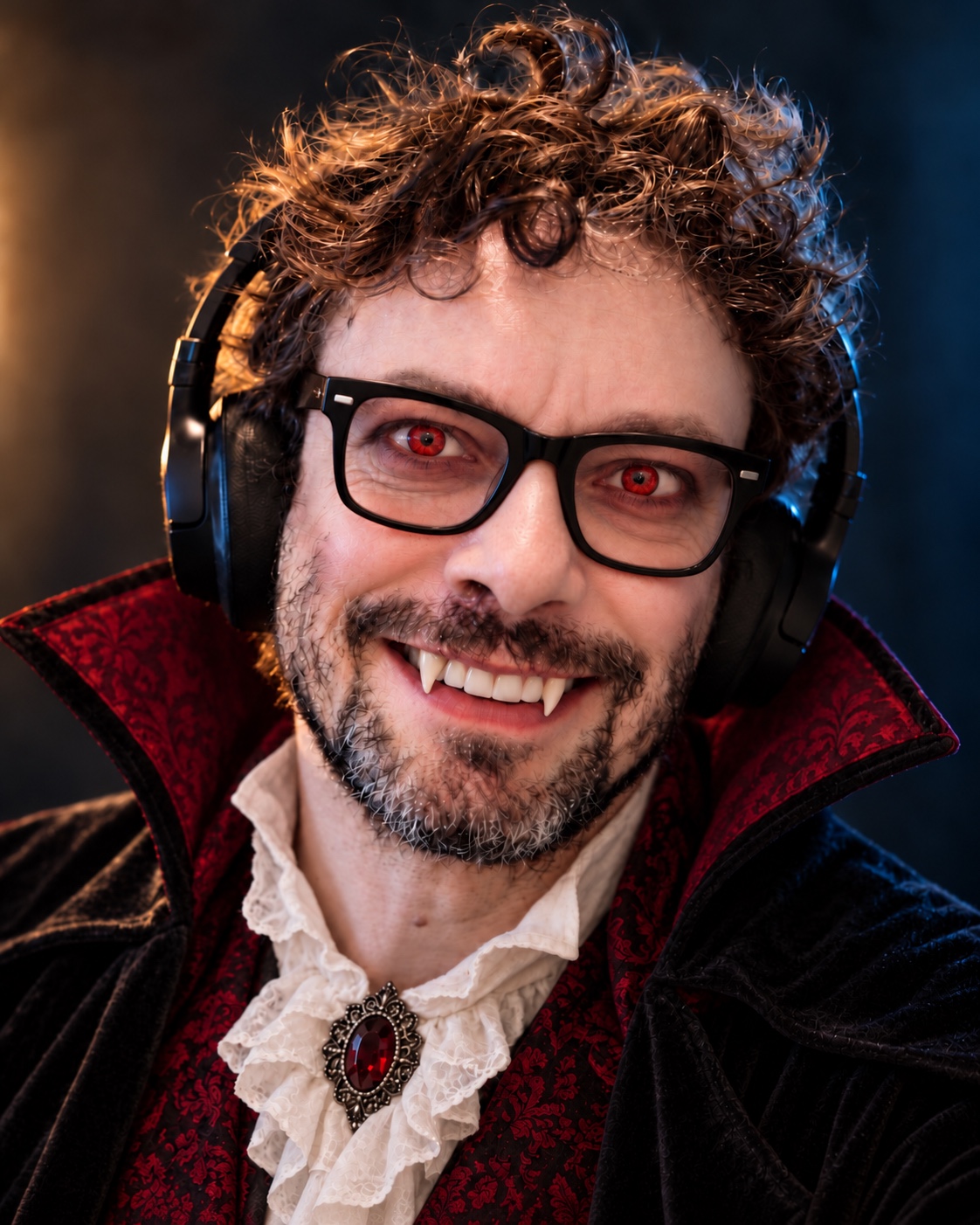 Ritratto di Halloween con costume da vampiro, occhi rossi e occhiali neri